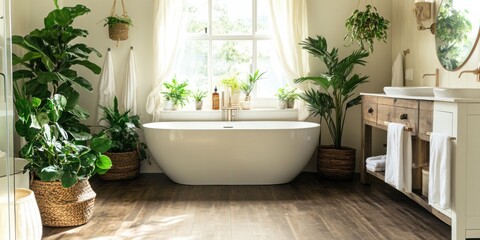Modern bathroom with white and beige tones, wide-angle corner shot capturing the basin with oval mirror, the bathtub, shower area, lush plants, and dark parquet flooring