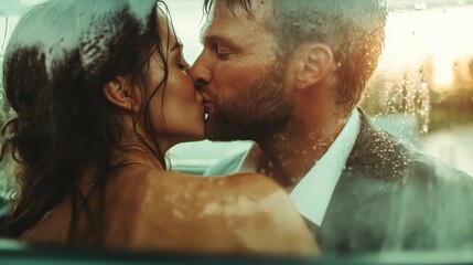 Captured inside a car, a passionate kiss between two lovers beautifully contrasts with the gentle rain outside, symbolizing warmth amidst a rainy backdrop.