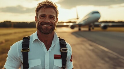 A cheerful pilot, wearing a white shirt and harness, stands confidently on a runway with a large passenger jet in the background during a golden sunset, symbolizing adventure.
