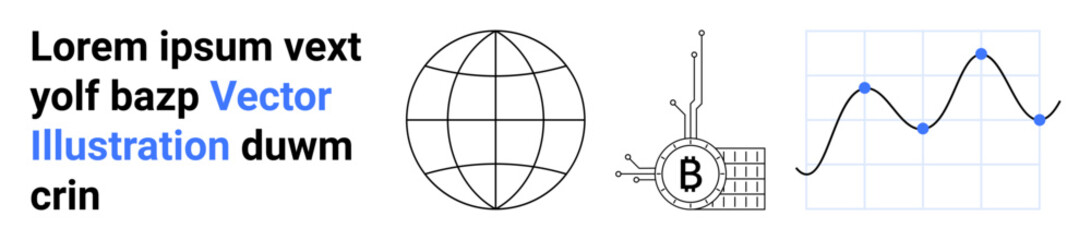 Lorem ipsum text next to a global network sphere, blockchain technology with bitcoin symbol, and a financial graph with a line chart. Ideal for finance, cryptocurrency, economics, global trade