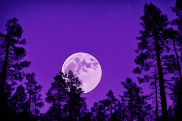 Pine forest silhouettes against a backdrop of neon purple and blue with a full moon in the sky, Ai Generated