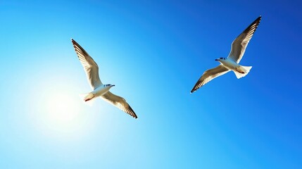 Obraz premium Two birds soaring through a cloudless blue sky, perfectly synchronized in flight. 
