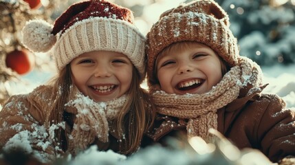 Two young children, warmly dressed in winter hats and scarves, share a joyful moment, laughing together amidst falling snow in a festive outdoor setting.