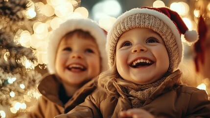 Two young children, wearing Santa hats, display cheerful expressions in an outdoor festive setting, embodying the holiday spirit amidst glowing lights.