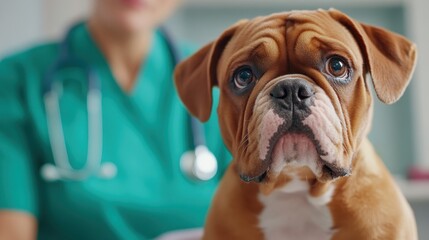 A close-up of a dog with sad eyes, likely a bulldog, in a veterinary clinic setting, with a veterinarian visible in the background.