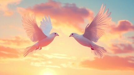 Fototapeta premium Two birds flying close together across a sunset sky, their wings almost touching. 