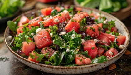 Fresh Watermelon Salad with Spinach, Feta Cheese and Herbs