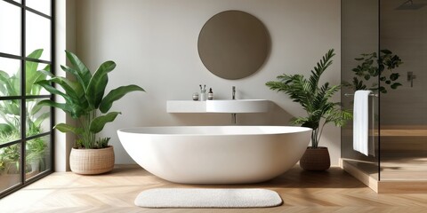 Modern, minimalist bathroom with gentle white and beige hues, elegant white sink paired with an oval mirror, deep soaking bathtub, glass-enclosed shower, decorative plants, dark parquet wood flooring
