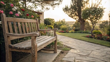 Obraz premium Rustic Wooden Bench Perfect for Outdoor Settings, Adding Charm to Gardens or Patios, Ideal for Relaxation and Enjoying Nature's Beauty in a Serene Environment