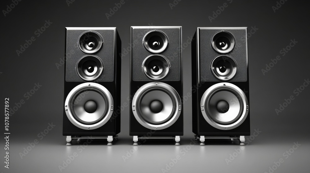 Poster high-quality audio speakers arranged in a row against a grey background showcasing their sleek desig