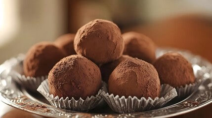 A close-up of truffles dusted with cocoa powder, placed on an elegant silver platter. The background is softly blurred to highlight the intricate details