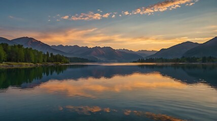 Fototapeta premium Mountain Range Reflected in Still Lake Water at Sunset