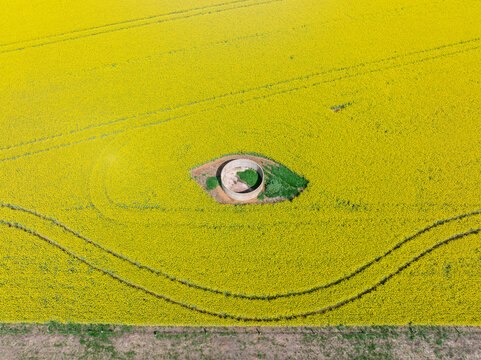 Aerial view of parallel lines around an empty water tank in a flowering canola crop