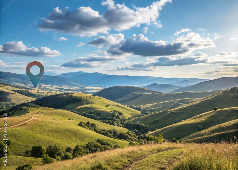 Poster scenic landscape with map pin icon symbolizing navigation and location services in a digital world
