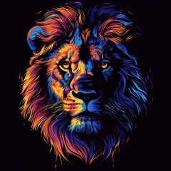 Front-facing lion portrait with vibrant multicolored brushstrokes on a black background. Digital illustration symbolizing strength, pride, and modern art. Generative AI