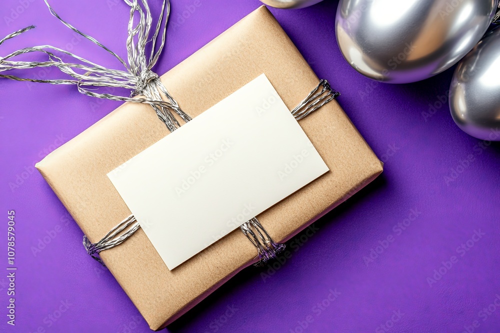Poster kraft paper envelope tied with metallic string resting on a vibrant purple background combining rust