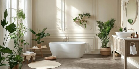 Sophisticated bathroom with white and beige walls, wide-angle lens from one corner, showing the full space including the basin, mirror, bathtub, and shower with plants and dark parquet floor