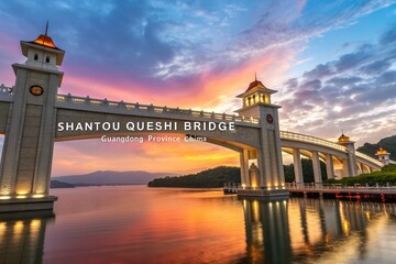 Obraz premium Scenic View of Shantou Queshi Bridge in Guangdong Province, China with Chinese Translation on the Bridge, Showcasing Modern Architecture and Beautiful Landscape
