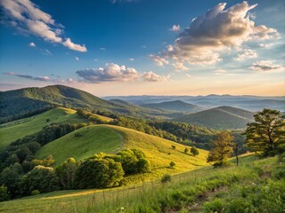 Obraz premium Scenic Views of Baker's Mountain Park in North Carolina: A Serene Landscape of Lush Greenery and Majestic Blue Skies Reflecting Nature's Beauty and Tranquility