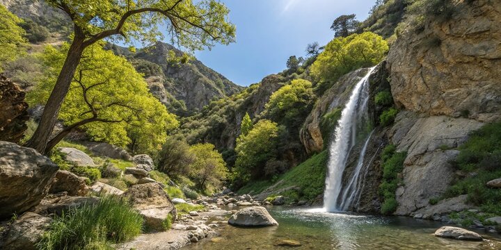 Scenic View of Eaton Canyon Falls in Altadena, California with Lush Greenery and Rock Formations, Perfect for Nature Lovers and Outdoor Enthusiasts, Featuring Copy Space for Text Overlay