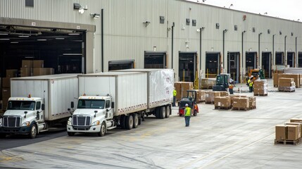 Trucks being loaded at a distribution center, preparing for nationwide logistics and delivery. 