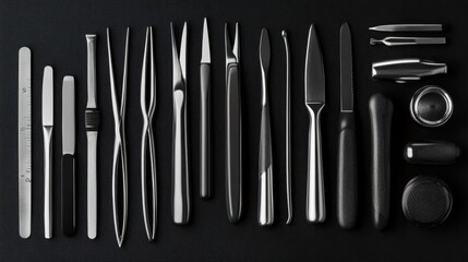 A collection of stainless steel tools, including tweezers, forceps, scalpels, and other instruments, are arranged neatly on a black background.