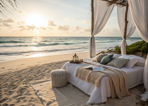 Serene Beachside Bed Setup: Relaxing Coastal Retreat with a Luxurious Bed Framed by Soft Sand and Gentle Waves, Perfect for a Dreamy Escape or Romantic Getaway