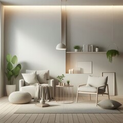 Minimalist room interior with simple lines, soft lighting and green plants