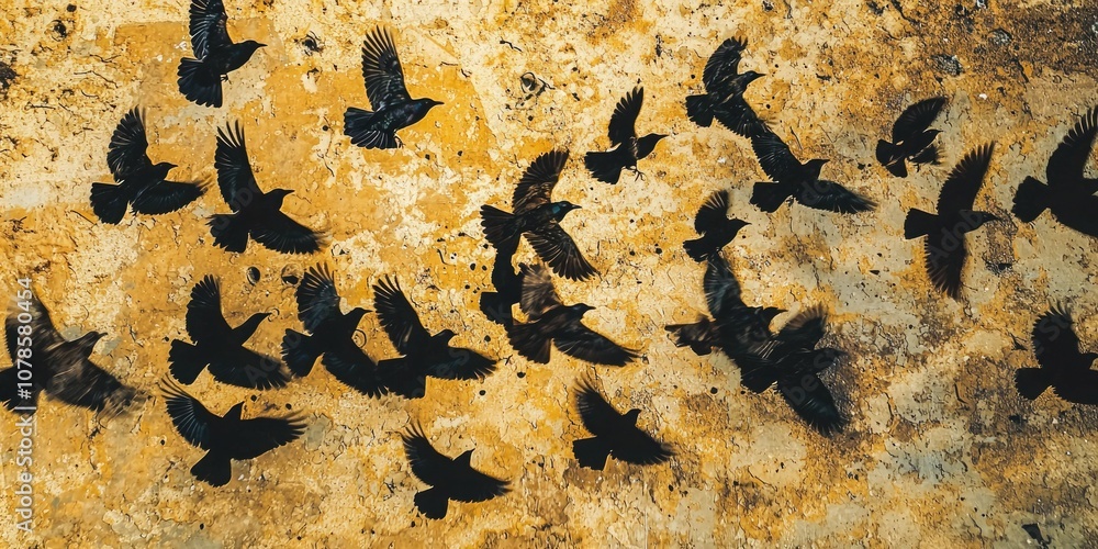 Poster birds flying directly overhead, casting shadows on the ground below as they pass.