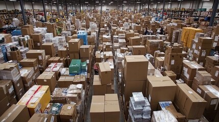 A large warehouse with workers organizing boxes and packages for shipment, showing logistics in action.