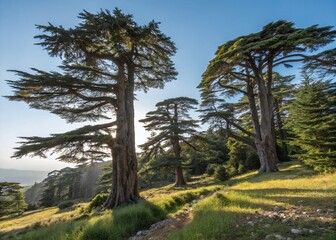 Fototapeta premium Serene Candid Photography of Majestic Cedar Trees in Natural Landscapes, Capturing the Beauty of Nature's Evergreen Giants Under Bright Blue Skies