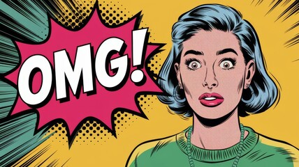 Comic book style illustration of surprised woman with wide eyes and OMG! in speech bubble. Pop art © Tatsiana