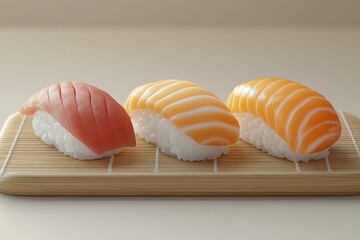 Assorted sushi rolls with vibrant fish toppings elegantly arranged on a bamboo tray highlighting Japanese culinary art freshness and sophisticated presentation