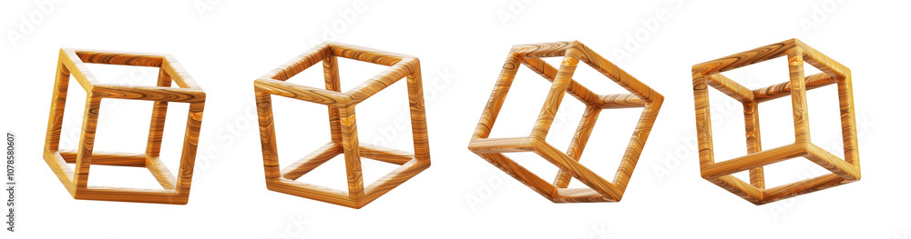 Poster 3d wooden cube block frame, wireframe square box in different angles png render set. abstract geomet