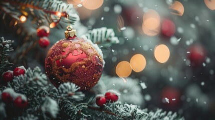 Obraz premium Part of the Christmas tree decorated with aesthetic toys. New Year's background. Christmas decor. Christmas background. Holiday. Decorated Christmas tree. Christmas tree with red balls.