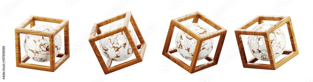 Aufkleber 3d wooden cube block frame with marble ball inside png render set. abstract geometric wood square bo