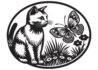 Vector silhouette cat with flying butterfly, cute cat and butterfly silhouette, cat with flying butterfly silhouette, cat with flying butterfly logo