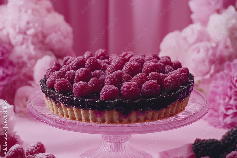 Poster elegant raspberry tart with fresh berries and powdered sugar displayed on a pastel background symbol