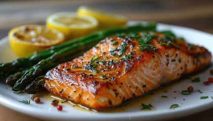 Grilled Salmon with Lemon and Asparagus on a White Plate