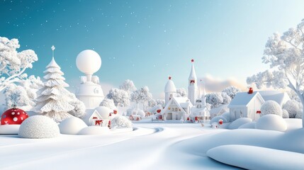 Winter Wonderland Village: A whimsical 3D rendered scene of a snow-covered village, bathed in the soft light of a winter's day.  Charming houses with red accents, snow-laden trees.