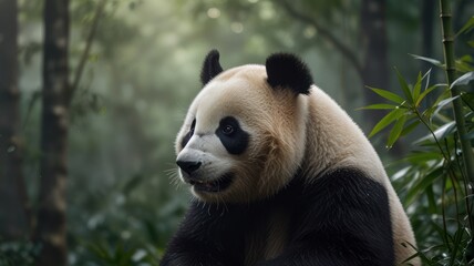 Obraz premium A giant panda sits in a lush green bamboo forest, looking alert and curious.