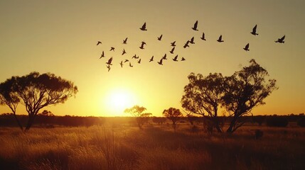Naklejka premium A group of Australian birds, like cockatoos, flying over the Outback at sunrise. 