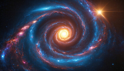 A colorful spiral galaxy with a bright center, captured from a distant point in space