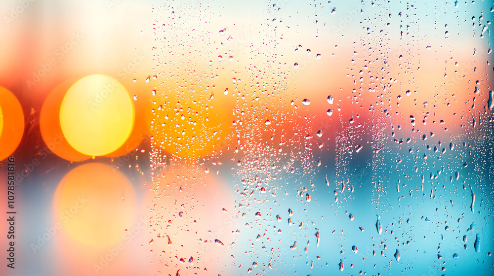 Poster abstract background close up of raindrops on glass with colorful bokeh lights in background, creatin