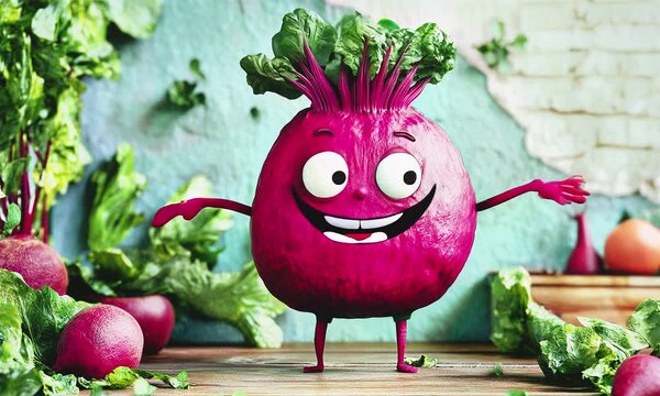 Funny radish character. Vegan concept.