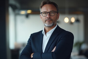 Fototapeta premium A professional man stands confidently in an office setting. He has glasses and a stylish look. Perfect for business themes and modern designs. Generative AI