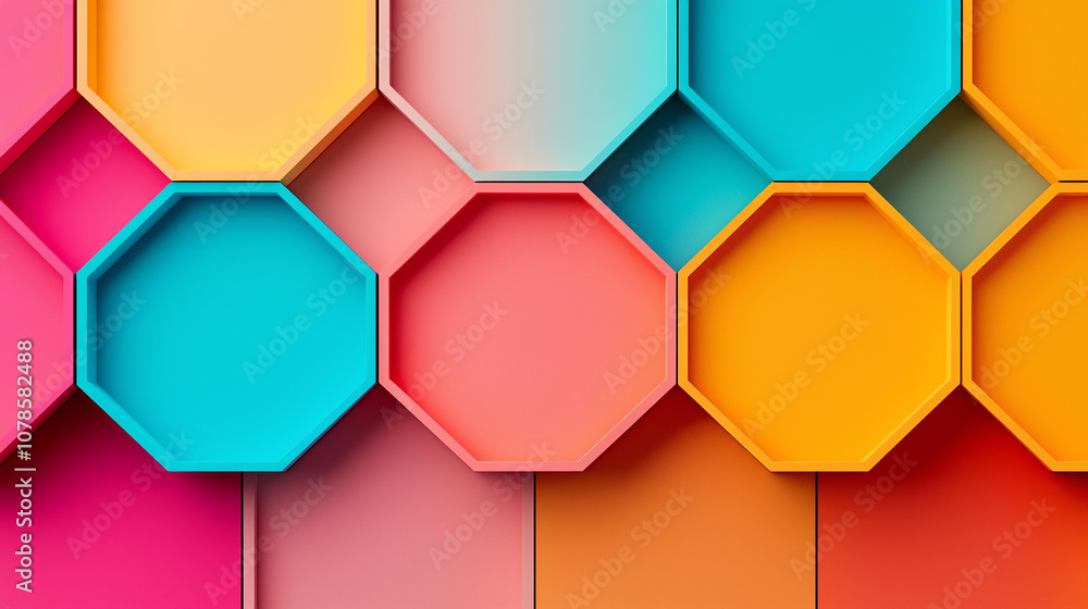 Poster abstract background geometric pattern with overlapping hexagons in vibrant colors like pink, orange,