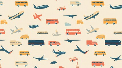 Obraz premium A seamless background with transportation symbols like buses, trucks, and planes in a repeating pattern.