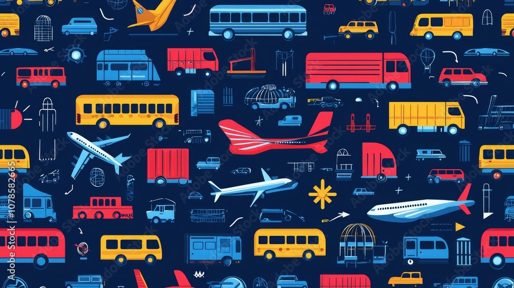 Poster a seamless background with transportation symbols like buses, trucks, and planes in a repeating patt