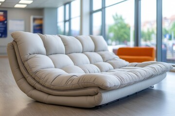 A stylish beige couch with a soft, padded design sits in a contemporary lounge area. Sunlight streams through large windows, illuminating the space and highlighting surrounding greenery, creating a we